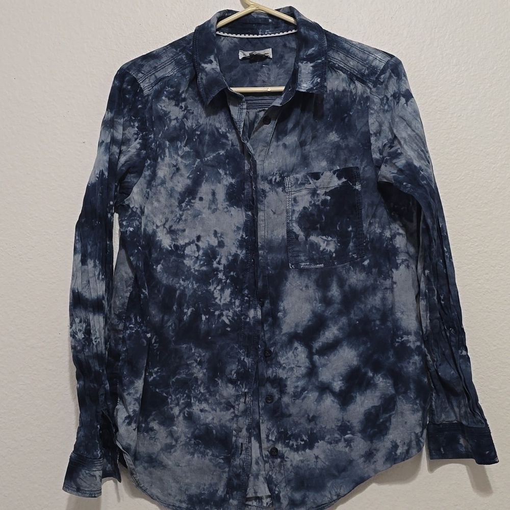 Pilcro Anthropologie Womens M Sheer Blue Tie Dye Long Sleeve‎ Button Down Shirt